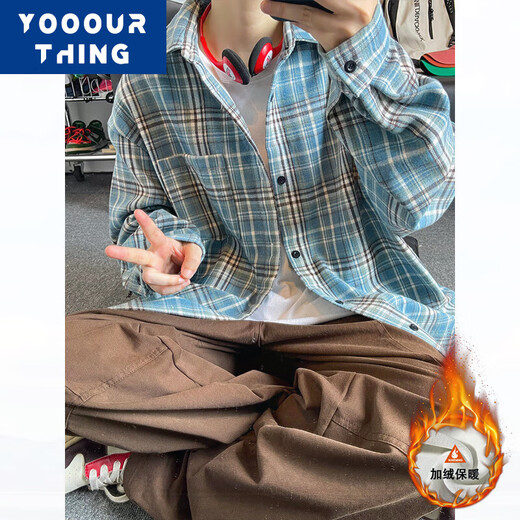 YOOOURTHING美式复古格子衬衫男长袖春秋冬加绒加厚宽松情侣百搭休闲衬衣外套 CJ9734-蓝格 加绒 M (建议90-110斤)