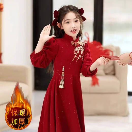 Disney (Disney) girls Chinese style velvet dress 2025 new style red girl princess skirt thickened New Year's greeting dress Chinese style dress without velvet 140