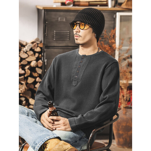 ISI Warm Autumn American Revival Old Money Henry Collar Sweater Men's Spring and Autumn New Style Knitted Sweater Top Loose Lazy Style Wool Blue Gray S _Suitable for 90-110Jin Jin equals 0.5 kg