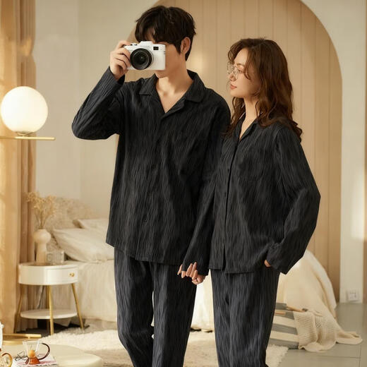Bo Na Ling Pajamas Couple One Male One Female Cardigan Long Sleeve Tree Pattern Men and Women Can Wear Out Printed Pocket Pajamas Home Clothes Set Couple Pajamas Black Stripes Men's XL