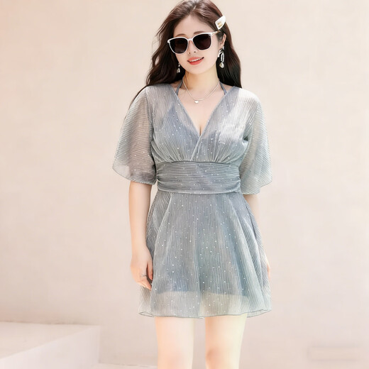 Bo Na Ling Swimsuit Women's Conservative Slim Bathing Hot Spring Women's Sports Skirt Covering Flesh Covering Belly No Steel Support Large Size Swimsuit Flash Diamond Blue One Size