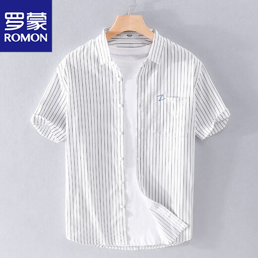 Romon men's striped shirt short-sleeved loose summer thin Japanese casual all-match shirt summer clothes 9740 blue XL