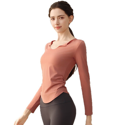 Yoga wear women's long-sleeved T-shirt temperament U-neck waist slimming sports long-sleeved Pilates training fitness top coral pink L