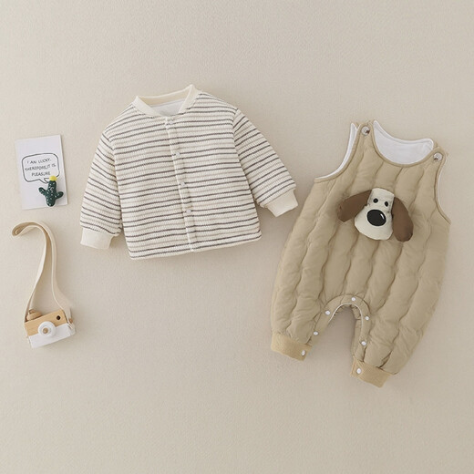 Baby autumn and winter thickened split suit for men and women, quilted sweatshirt, one-piece overalls, two beige, lining is pure cotton, 36cm 73CM, suitable for 12-17 Jin Jin equals 0.5 kg