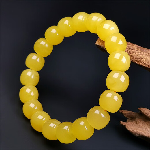 Hupai, one object, one picture, one certificate, natural beeswax bracelet, barrel bead bracelet, chicken fat yellow, Russian raw ore, no cracks, bracelet 19.88g, 12*10.5mm