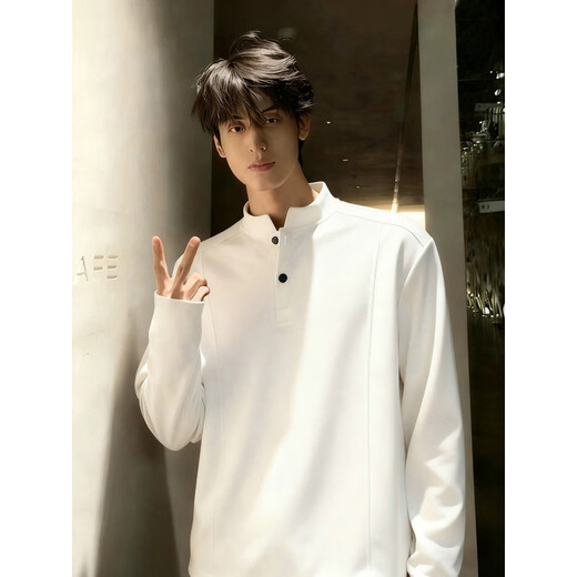 Pop Warm Autumn Black American Henley Collar Sweatshirt Men's Autumn and Winter Heavy Duty Right Shoulder Long Sleeve Polo Shirt with Bottoming Shirt Black Upgraded M