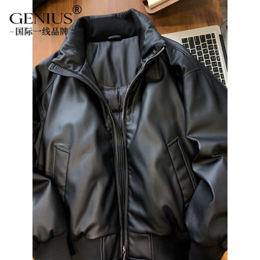 GENIUS international first-line brand plant protein soft leather thickened 90 white duck down motorcycle leather jacket men's winter new style black 90 white duck down warm and loose version 2XL 155-170Jin Jin equals 0.5 kg