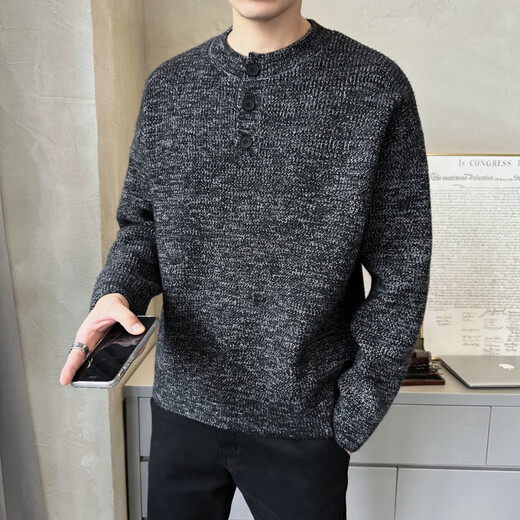 LUMILOTUS light luxury new brand autumn and winter new high-end loose pullover sweater men's Henry collar sweater gray thread black M _100-120Jin Jin equals 0.5 kg
