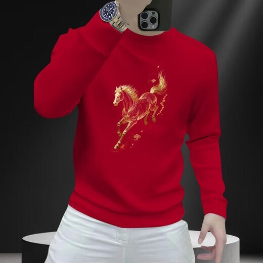Clothes for the year of the horse and the zodiac year are about to succeed, trendy men's sweatshirts, red printed autumn and winter T-shirts 2, burgundy plus velvet, 4XL