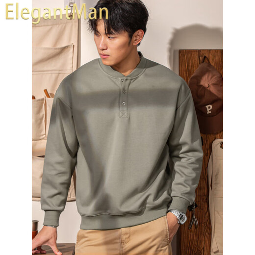 ElegantMan Winter and Autumn Henley Collar Sweatshirt Men's Pullover 320g Heavy New Henley Shirt Jacket Top Long Sleeve Casual Men Green Khaki M