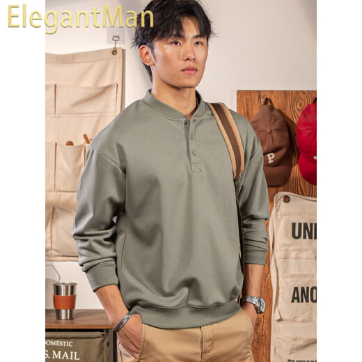 ElegantMan Winter and Autumn Henley Collar Sweatshirt Men's Pullover 320g Heavy New Henley Shirt Jacket Top Long Sleeve Casual Men Green Khaki M