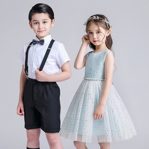 Kaqinini Children's Performance Chorus Costumes for Primary and Secondary School Girls Dance Skirt for Men 2607 - White Clothes, Black Pants, Suspenders, Blue Bow Tie, 110 cm