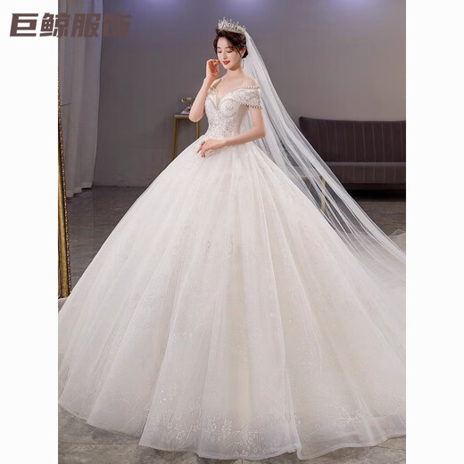 Tromlfz one-shoulder wedding dress new bridal main yarn palace style heavy industry trailing white going out yarn simple floor-length M