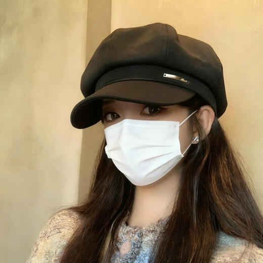 Bo Na Ling beret women's autumn and winter octagonal hat versatile black big head circumference showing face small retro duck tongue newsboy hat metal label beret black