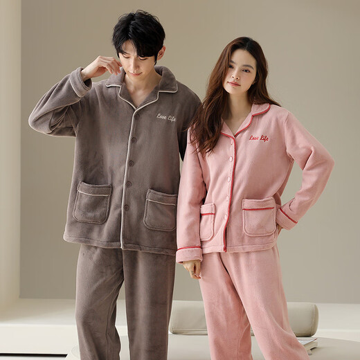 Anzhiban anti-static coral velvet pajamas for women in winter thickened warm flannel cardigan autumn and winter men's home clothes women 64957# bean sand powder M