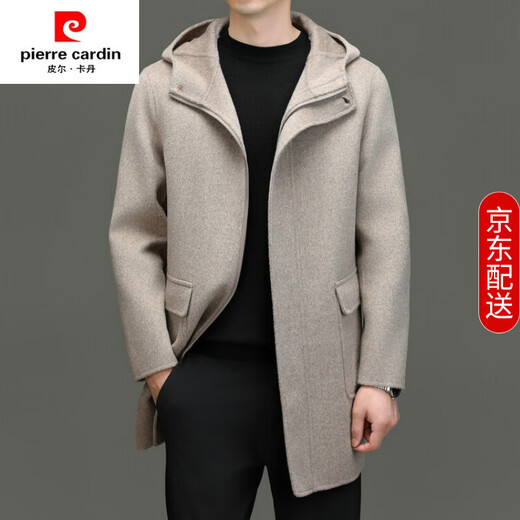 Pierre Cardin brand 100% wool hooded woolen coat men's autumn and winter mid-length double-sided woolen coat casual wool windbreaker black M recommended 110-130Jin Jin equals 0.5 kg