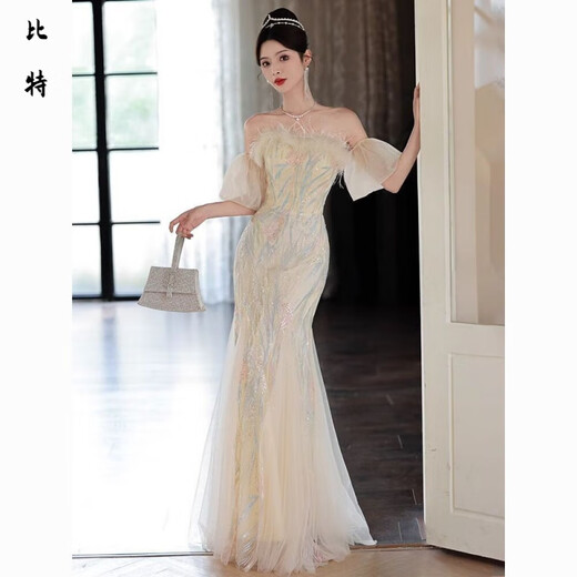 Mouth-turn one-shoulder evening dress for women, new style, light luxury, niche high-end banquet and adult ceremony, stunningly beautiful fishtail skirt, picture color XS