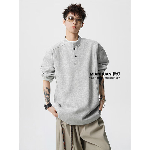 Cotton fantasy MIAN HUAN American heavyweight right shoulder deconstructed sweatshirt for men in autumn and winter loose and trendy inner layering shirt Henry collar long-sleeved T-shirt dark heather gray XL