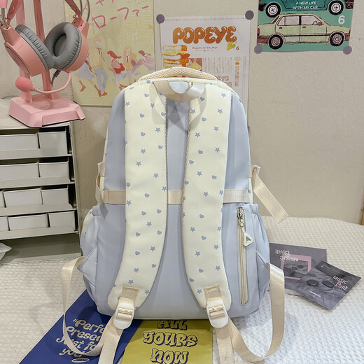 KATELUO schoolbag junior high school girls blue star chasing pain bag backpack female large capacity high school students durable burden-reducing backpack blue backpack free coin bag + star pendant
