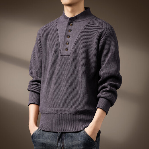 Lanlingfang high-end American heavyweight handsome Henry collar sweater for men 2025 spring and autumn new warm retro bottoming sweater for men gray khaki S_suitable for 90-110Jin Jin is equal to 0.5 kg