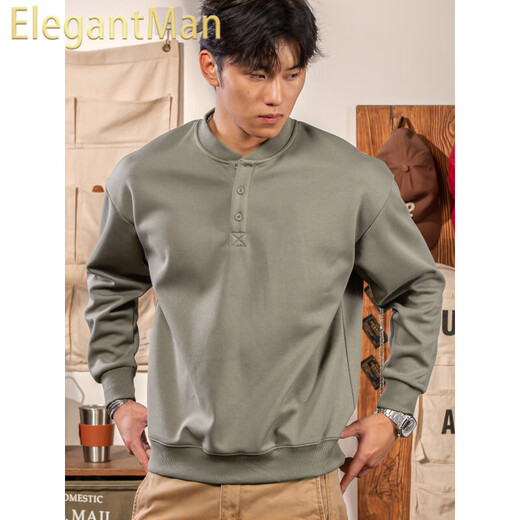 ElegantMan Winter and Autumn Henley Collar Sweatshirt Men's Pullover 320g Heavy New Henley Shirt Jacket Top Long Sleeve Casual Men Green Khaki M