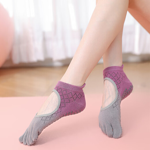 Yoga socks, non-slip, professional women's Pilates training special five-finger socks for adults, indoor fitness sports floor socks, 2 pairs, gradient grape gray + gradient lime
