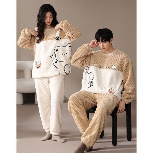 Victoria's style couple's pajamas winter coral velvet thickened and warm one man and one woman cartoon cute home wear outer suit LN9018 M women's + men's L