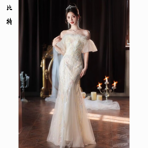 Mouth-turn one-shoulder evening dress for women, new style, light luxury, niche high-end banquet and adult ceremony, stunningly beautiful fishtail skirt, picture color XS
