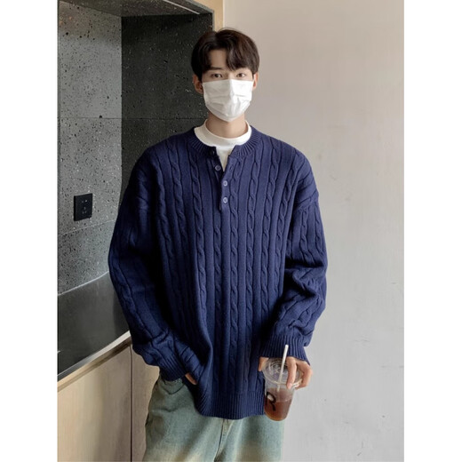 Rich collar Henry collar men's sweater winter thickened American retro American sweater men's high bottom lazy style knitted gray S