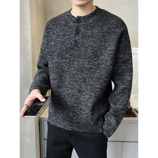 LUMILOTUS light luxury new brand autumn and winter new high-end loose pullover sweater men's Henry collar sweater gray thread black M _100-120Jin Jin equals 0.5 kg