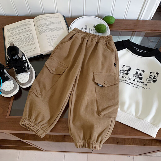 Jungen-Winter-Kapuzenpullover 2024 Herbst und Winter neuer Stil Kinder-Hoodie im koreanischen Stil All-in-One-Samtoberteil plus trendige braune Kinderhose aus Samt 90 cm_(empfohlene Körpergröße 85-95 cm)