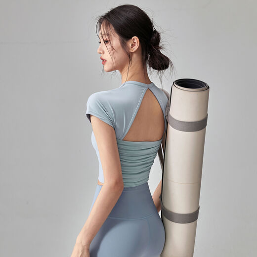 Fitness girl yoga clothes with chest pad, short-sleeved, beautiful back, breathable, quick-drying, slimming, Pilates running sports top, summer, soft mist blue, model A, without chest pad XL XL
