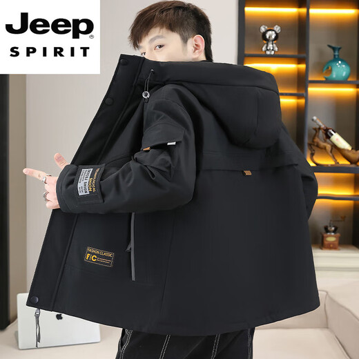 JEEP SPIRIT work jacket men's autumn and winter velvet thickened hooded jacket men's high-end cotton clothing outdoor jacket MY216 dark gray cotton L (about 110-130 Jin Jin equals 0.5 kg can be worn)