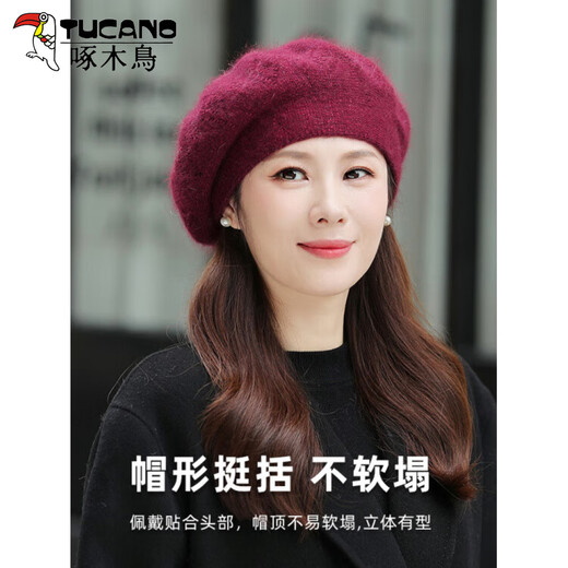 Woodpecker Women's Knitted Hat Winter Outdoor Warm Beret Grandma Mom Middle-aged and Elderly Wool Hat Fashionable and Versatile Khaki One Size