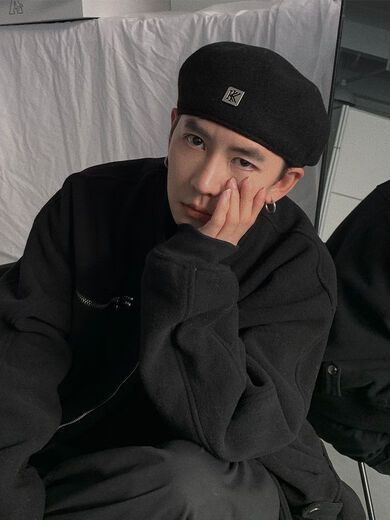 ZNMW men's beret forward hat men's trendy reverse beret cool autumn and winter Korean style black versatile woolen style 20 black one size fits all (56-58cm)