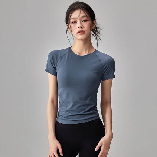 Quick-drying dry yoga clothes short-sleeved women's slimming breathable sports tops running Pilates professional fitness clothes T hemp gray A style S