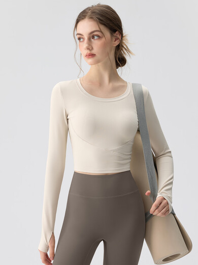 Yoga wear for women 2025 autumn and winter new round neck sports top running Pilates training fitness set rose pink top + khaki yoga pants + coffee socks XL recommended weight 115-130Jin Jin equals 0.5 kg One size fits all