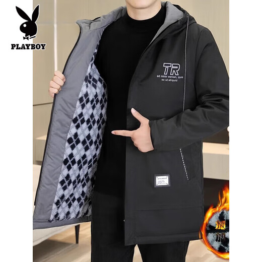 Playboy (PLAYBOY) windbreaker men's mid-length 2025 autumn and winter new velvet jacket slim and handsome windbreaker cotton jacket casual trendy brand men K70 gray/spring and autumn regular XL recommended 125-145Jin Jin equals 0.5 kg