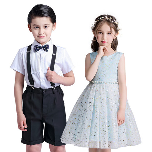 Kaqinini Children's Performance Chorus Costumes for Primary and Secondary School Girls Dance Skirt for Men 2607 - White Clothes, Black Pants, Suspenders, Blue Bow Tie, 110 cm