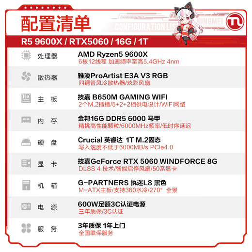 Ningmei AMD Ryzen5 9600X/RTX5060/16G/1T Game Assembly Computer Host Video Editing Rendering Desktop UPC