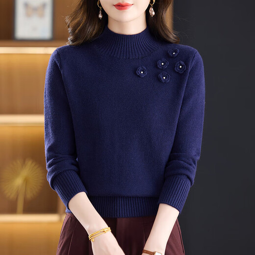 Factory direct sales three-dimensional flower half turtleneck sweater for women autumn and winter fashionable loose knitted bottoming beige XL