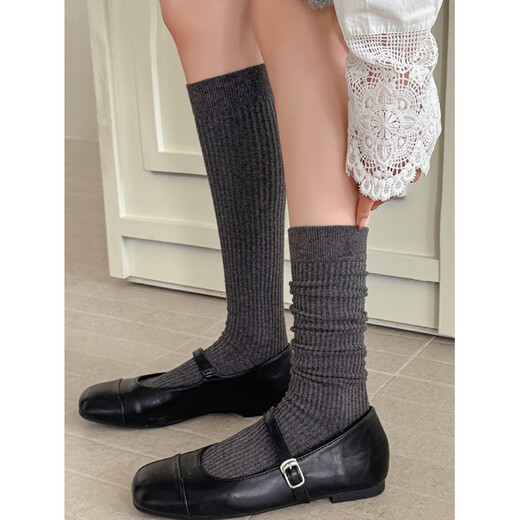 Perfect gray pinstripe stockings for women, spring and autumn high knee-length stockings, miu style, black + light gray + white_ Pack of 3 pairs, one size fits all