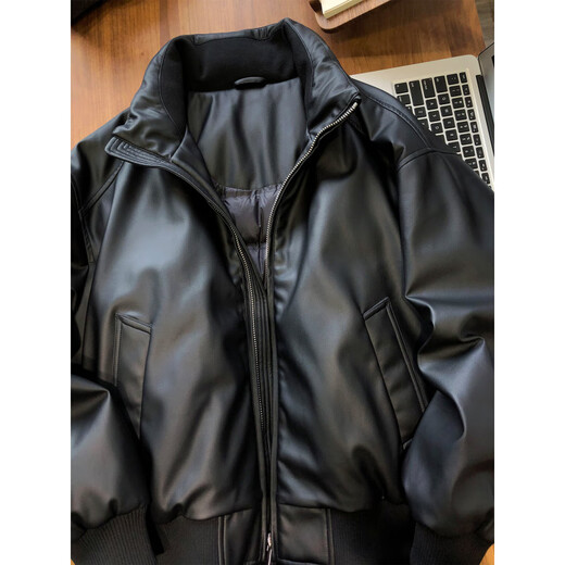 GENIUS international first-line brand plant protein soft leather thickened 90 white duck down motorcycle leather jacket men's winter new style black 90 white duck down warm and loose version 2XL 155-170Jin Jin equals 0.5 kg
