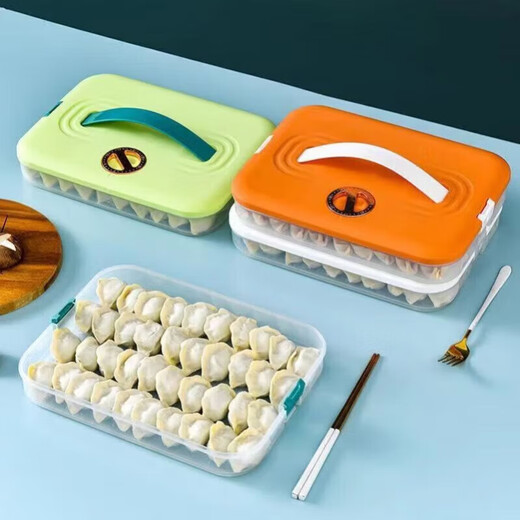 Lanyin Dumpling Box Large Capacity Compartment Refrigerator Special Storage and Organizing Kitchen Frozen Quick Frozen Wonton Sealed Storage Preserver Two-layer Covered - Holds About 80 Dumplings Apple Green Non-stick Bottom Anti-freeze Crack