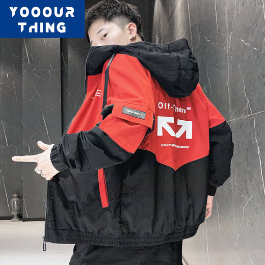 YOOOURTHING jacket men's spring, autumn and winter velvet thickened hooded Korean style trendy youth color matching casual tops light blue regular XL (recommended 110-135 Jin Jin equals 0.5 kg)