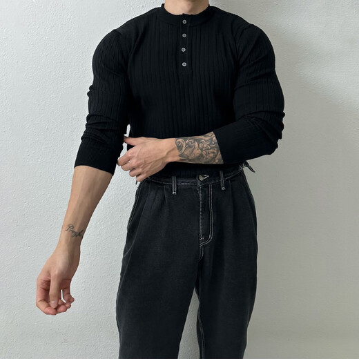 Henry collar long-sleeved sweater men's spring new American high-end muscular men's fitness all-match slim T-shirt black M
