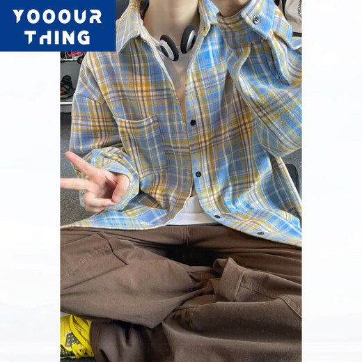YOOOURTHING美式复古格子衬衫男长袖春秋冬加绒加厚宽松情侣百搭休闲衬衣外套 CJ9734-蓝格 加绒 M (建议90-110斤)