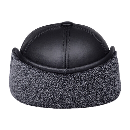 Hengyuanxiang winter genuine leather hat for middle-aged and elderly men's cowhide peaked cap to keep warm and ear-protective baseball cap for the elderly cotton hat grandpa A style black L (55-56cm) small head circumference