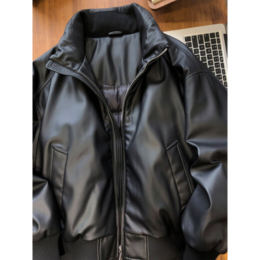 GENIUS international first-line brand plant protein soft leather thickened 90 white duck down motorcycle leather jacket men's winter new style black 90 white duck down warm and loose version 2XL 155-170Jin Jin equals 0.5 kg