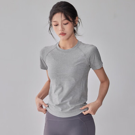 Quick-drying dry yoga clothes short-sleeved women's slimming breathable sports tops running Pilates professional fitness clothes T hemp gray A style S